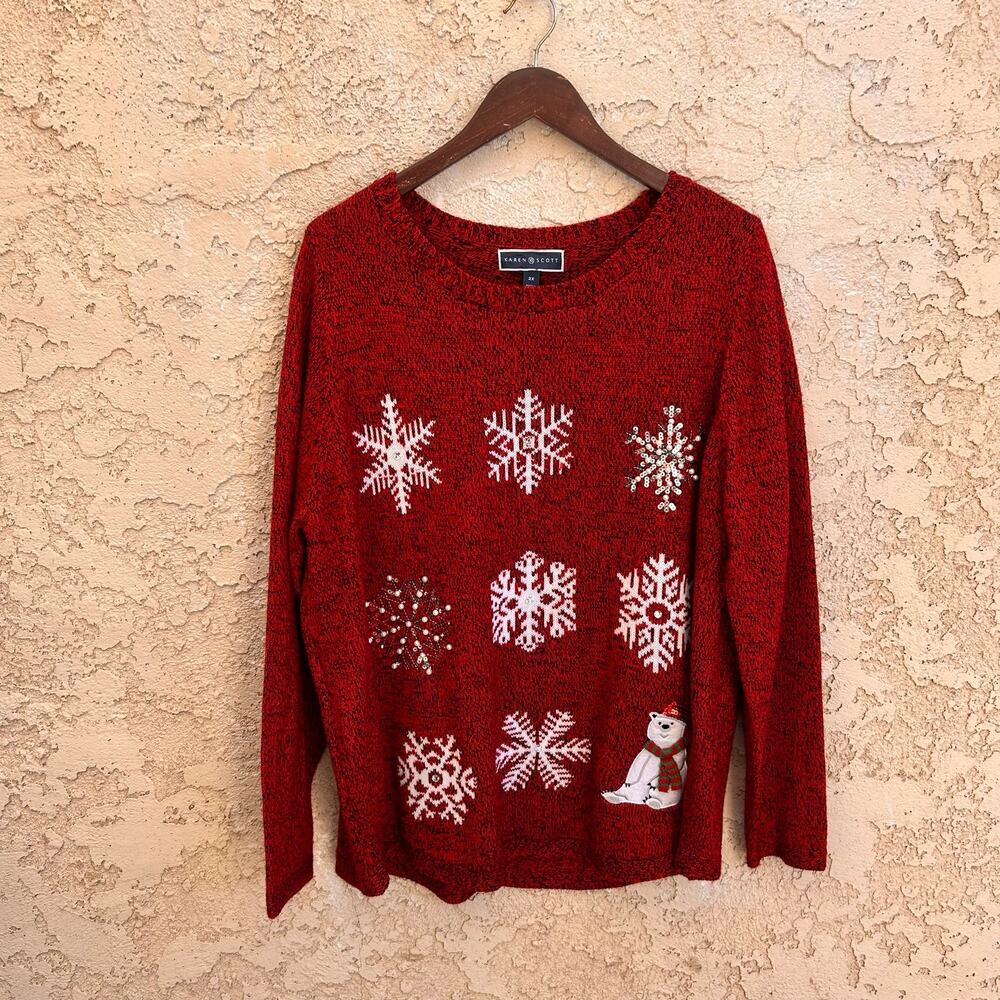 Karen Scott Red Snowflake Christmas Sweater Size 2X Beaded Polar Bear Holiday